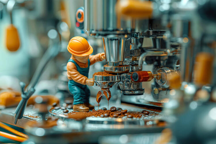Kleiner Handwerker repariert große Kaffeemaschine